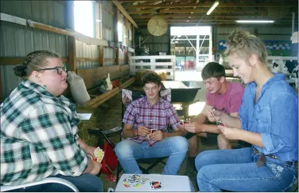  ?? PHOTO BY SUSAN FIELD - FOR THE MORNING SUN ?? Friends play a game of Uno at the Isabella County Fair Monday morning. From left: Mel Stevens, Jake Gross, Chris Whitehead and Kylea Hoover.