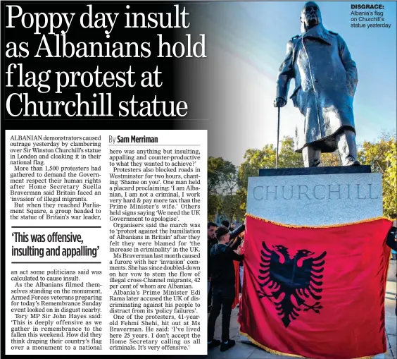  ?? ?? DISGRACE: Albania’s flag on Churchill’s statue yesterday