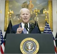  ?? ANDREW HARNIK — THE ASSOCIATED PRESS ?? President Joe Biden speaks about the banking system in the Roosevelt Room of the White House, Monday.