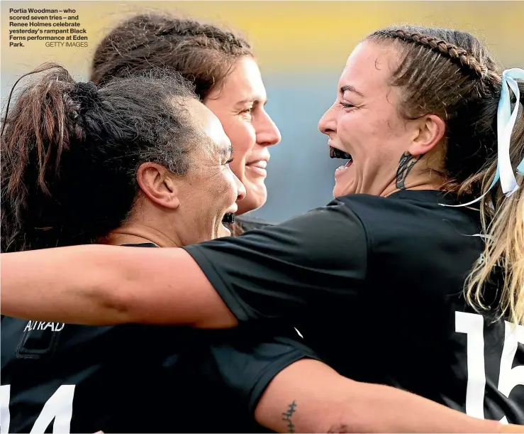  ?? GETTY IMAGES ?? Portia Woodman – who scored seven tries – and Renee Holmes celebrate yesterday’s rampant Black Ferns performanc­e at Eden Park.