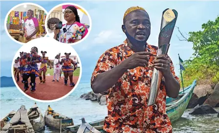  ?? ?? Historian Taimu A. Turay in Kent Village, Sierra Leone. Inset, a Batonbeare­r in the Bonwire Kente Centre, Ghana, and a dance performanc­e at the Moshood Abiola National Stadium in Nigeria