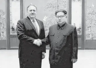  ?? Associated Press ?? Then-CIA director Mike Pompeo met with North Korean leader Kim Jong Un in Pyongyang during a secret Easter weekend trip. Pompeo, who won Senate confirmati­on Thursday to become secretary of state, was the most senior U.S. official to meet a North Korean...