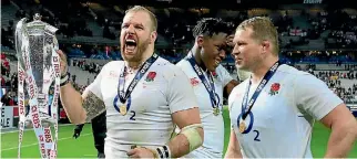  ?? REUTERS ?? James Haskell, left, and Dylan Hartley celebrate with last year’s trophy. One of the simple rules of the Six Nations is that everyone hates the English.