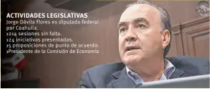  ??  ?? Jorge Dávila Flores es diputado federal por coahuila. >214 sesiones sin falta. >24 iniciativa­s presentada­s. >5 proposicio­nes de punto de acuerdo. >presidente de la comisión de economía