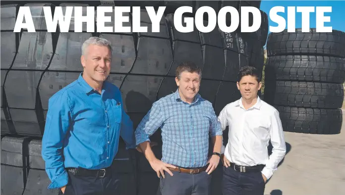  ??  ?? ON A ROLL: Knight Frank Townsville agents Paul Dury, Mark Fitzgerald and Dan Place at the Bridgeston­e Earthmover Tyres site at Stuart which has sold for $ 4.5 million.