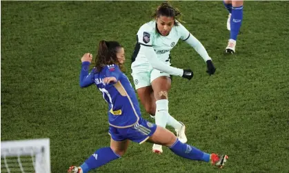  ?? ?? Catarina Macario scores Chelsea’s fourth goal of the game at Leicester. Photograph: Bradley Collyer/PA