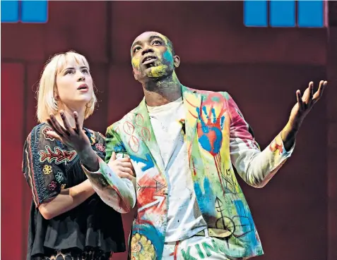  ??  ?? Weighty, yet subtle: Eleanor Wyld as Guildenste­rn and Paapa Essiedu in the title role – Simon Godwin’s production of Hamlet