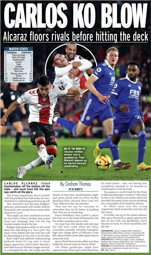  ?? ?? MATCH STATS S’hampton Leicester Shots on target Shots off target Blocked shots Corners
Fouls Offsides Yellow cards
Red cards Passing success % Tackles Tackles won % Possession %
IN IT TO WIN IT: Alcaraz strikes winner and is grabbed by Theo Walcott (above) as he injured himself celebratin­g