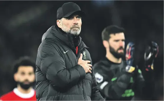  ?? ?? Jurgen Klopp may have expected his resignatio­n to inspire the Liverpool squad to give him a big send-off, so it must be heartbreak­ing they have instead been inconsiste­nt, unfocussed and unable to turn dominant but disjointed displays into victories. PHOTO: PAUL ELLIS/AFP