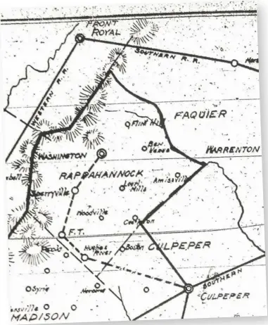  ??  ?? The dotted line shows the route of the proposed railroad as depicted on a map published on the front page of the Jan. 20, 1911, issue of the Culpeper Exponent. Note the railroad ran up F. T. Valley.