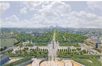  ?? FOTO: PCA-STREAM ?? Wie die Zukunft der Champs-Élysées ausehen könnte, zeigt diese Künstler-Illustrati­on. Die fast zwei Kilometer lange Pariser Prachtstra­ße zwischen Place de la Concorde (unten) und Arc de Triomphe (hinten) soll grüner werden.