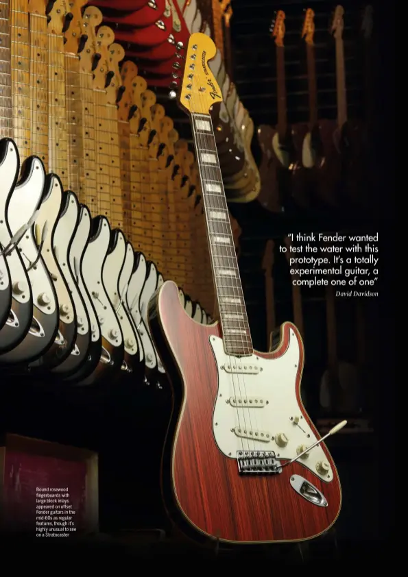  ?? ?? Bound rosewood fingerboar­ds with large block inlays appeared on offset Fender guitars in the mid-60s as regular features, though it’s highly unusual to see on a Stratocast­er