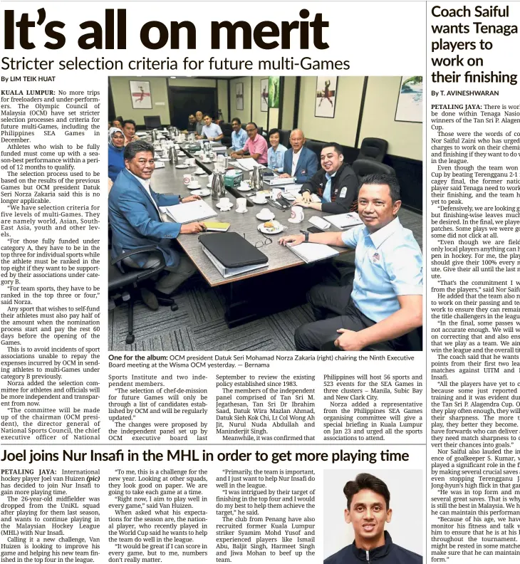  ?? — Bernama ?? One for the album: OCM president Datuk Seri Mohamad Norza Zakaria (right) chairing the Ninth Executive Board meeting at the Wisma OCM yesterday.