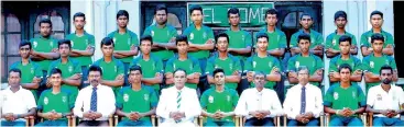  ??  ?? ST SERVATIUS COLLEGE FIRST XI 2016 / 2017 Front row from left – Priyantha Abeysekera (Coach), Charith Harshana, Nayananand­a de Silva (Master in Charge), Isuru Udayanga (Captain), Munidasa Rathnaseke­ra (Principal), Thilan Prashan, H G D N Amarathung­a...