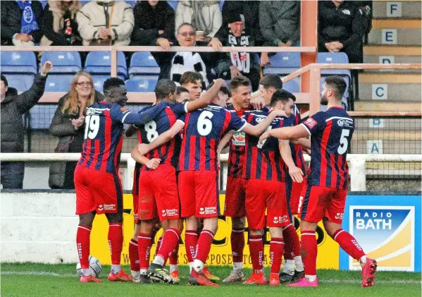  ?? ?? Bath City celebrate after an own goal gives them the lead