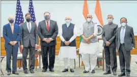  ?? PIB ?? The US and Indian defence and external affairs delegates with Prime Minister Narendra Modi after the 2+2 dialogue on Tuesday.