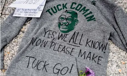  ?? ?? A defaced Mel Tucker sweatshirt outside the Michigan State University Hannah Administra­tion Building. Photograph: Nick King/AP