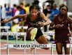  ?? Brian A. Pounds/ Hearst Connecticu­t Media ?? Hillhouse's Leonaya Knox powers to victory in the girls 55 meter high hurdles at the State Open on Saturday.