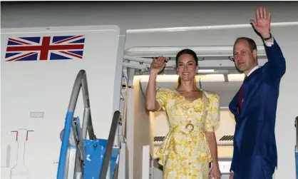  ?? Photograph: Tim Rooke/Rex/Shuttersto­ck ?? The Duke and Duchess of Cambridge and Prince William wave before their departure in the Bahamas, at the end of an eight-day Caribbean tour.