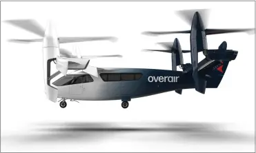  ?? OVERAIR RENDERINGR ?? Overair's Butterfly is equipped with four rotors and will be capable of carrying up to six people — five passengers and a pilot — or 1,100pounds of cargo. They'll be able to travel about 100miles at speeds of up to 200mph.