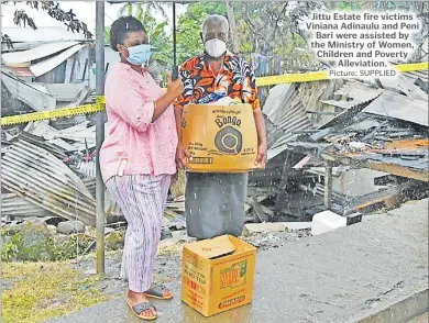  ?? Picture: SUPPLIED ?? Jittu Estate fire victims Viniana Adinaulu and Peni Bari were assisted by the Ministry of Women, Children and Poverty Alleviatio­n.