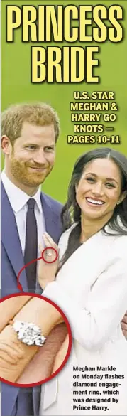  ??  ?? Meghan Markle on Monday flashes diamond engagement ring, which was designed by Prince Harry.