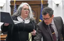  ?? SEAN KRAJACIC/THE KENOSHA NEWS VIA AP ?? Natalie Wisco, an attorney for Kyle Rittenhous­e, left, and Assistant District Attorney Thomas Binger get video ready that was requested by the jury for deliberati­ons during Rittenhous­e’s trial at the Kenosha County Courthouse in Kenosha, Wis., on Wednesday.