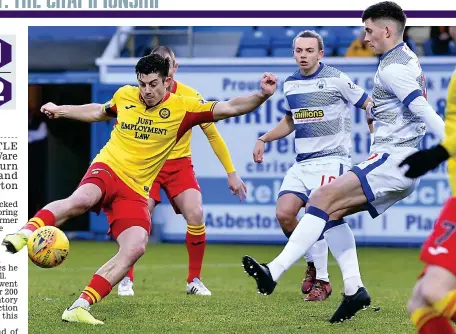  ??  ?? Landing a blow: Alex Jones opens the scoring for Partick Thistle in their 2-1 success at Cappielow