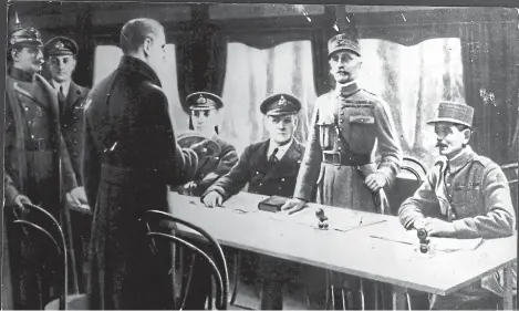  ??  ?? The First World War Armistice was signed in a railway coach at Compiegne in France.