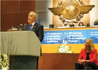  ?? Environmen­t Canada photo ?? Former Prime Minister Brian Mulroney, with Environmen­t Minister Catherine McKenna, delivers the keynote address at the UN conference on the 30th anniversar­y of the Montreal Protocol, November 20, 2017.