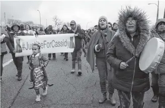  ?? AARON BESWICK/ THE CHRONICLE HERALD ?? Five-year-old Shiloh Pictou is a jingle dancer who performs to raise awareness of missing and murdered aboriginal women. She and a group of Mi’kmaw drummers led the demonstrat­ion across the Canso Causeway.