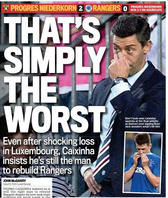  ??  ?? Don’t look now: Caixinha squirms at the final whistle as (below) new signing Ryan Jack wonders what’s hit him