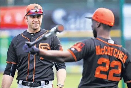  ?? Ben Margot / Associated Press ?? Two primary reasons for the Giants’ early optimism are offseason acquisitio­ns Evan Longoria (left) and Andrew McCutchen.