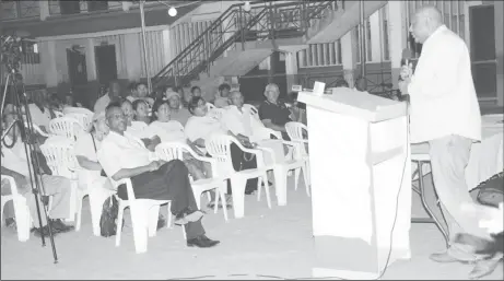  ??  ?? Minister of Natural Resources Raphael Trotman speaking to the gathering on Wednesday evening in Lethem.