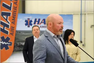  ?? NEWS PHOTO KENDALL KING ?? HALO CEO Paul Carolan was visibly emotional Thursday as he, along with Premier Jason Kenney and Brooks-Medicine Hat MLA Michaela Frey, announced an expected five-year contract with AHS which would provide HALO with an additional $1 million guaranteed annual funding.