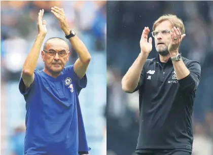  ?? Picture: Getty Images ?? CLASH OF GIANTS. Chelsea manager Maurizio Sarri (left) and his Liverpool counterpar­t Juergen Klopp will be looking to maintain their unbeaten records when they meet at Stamford Bridge today.