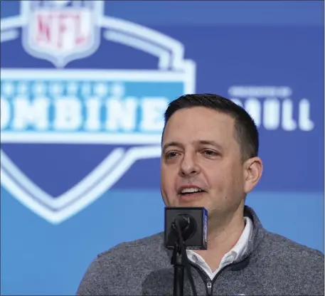  ?? MICHAEL CONROY — THE ASSOCIATED PRESS ?? New England Patriots director of scouting Eliot Wolf speaks during a press conference at the NFL Scouting Combine on Feb. 27 in Indianapol­is.