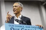  ??  ?? Former President Barack Obama exhorted Democrats to surge to the polls on Tuesday, calling the midterm vote the “most important election of our lifetime.”