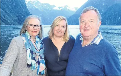  ?? PHOTO: LOUISE SCOTT ?? Cruising for charity . . . Ngaire Hayes (left) , of Queenstown, Marie Wales, from Cancer Society Otago, and Simon Hayes, of Queenstown, on the Milford Mariner Cancer Society Otago fundraiser.