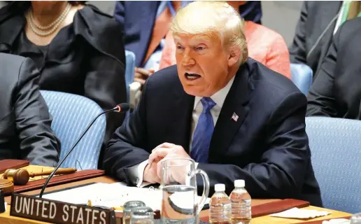  ?? (Eduardo Munoz/Reuters) ?? US PRESIDENT Donald Trump speaks as he chairs a meeting of the United Nations Security Council at UN headquarte­rs in New York on Wednesday.