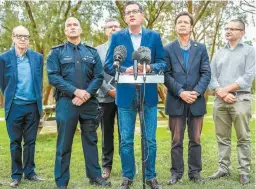  ??  ?? Premier Daniel Andrews announces the Road Safety Strategy 2016-2020, with (clockwise from left) TAC chair John Walter, Assistant Commission­er Doug Fryer, Vic Roads chief executive John Merritt, Roads and Road Safety Minsiter Luke Donnellan and TAC...