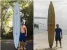  ??  ?? Left, a picture of surfer Doug Falter posing with his surfboard in Hawaii in 2015, and right, a picture taken in 2020 showing Giovanne Branzuela posing with the same surfboard on Sarangani island in the Philippine­s. Photograph: Courtesy of Giovanne Branzuela/AFP/Getty Images