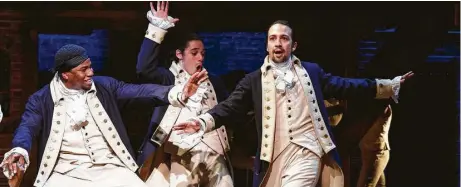  ?? Joan Marcus / PBS ?? Okieriete Onaodowan, from left, Anthony Ramos and Lin-Manuel Miranda perform in the musical “Hamilton.”