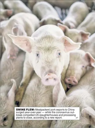  ?? AP ?? SWINE FLEW: Meatpacker­s’ pork exports to China surged year-over-year — while the coronaviru­s outbreak compelled US slaughterh­ouses and processing plants to close, according to a new report.