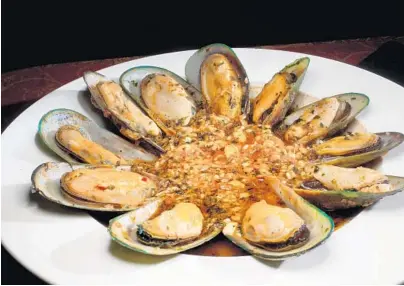  ?? MIKE STOCKER/STAFF PHOTOGRAPH­ER ?? Chef Luca Villar uses New Zealand green lipped mussels for Mussels Al Salto at Broccolini Cafe.