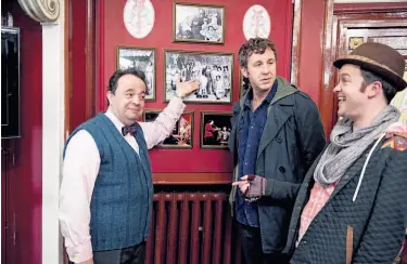  ?? Suzanne Tenner / HBO ?? Hugh Sachs (left), Chris O’Dowd and Tom Bennett in “Family Tree,” about a bloke (O’Dowd) finding out that his ancestors are oddballs and eccentrics and that even his childhood buddy (Bennett) is rather quirky.