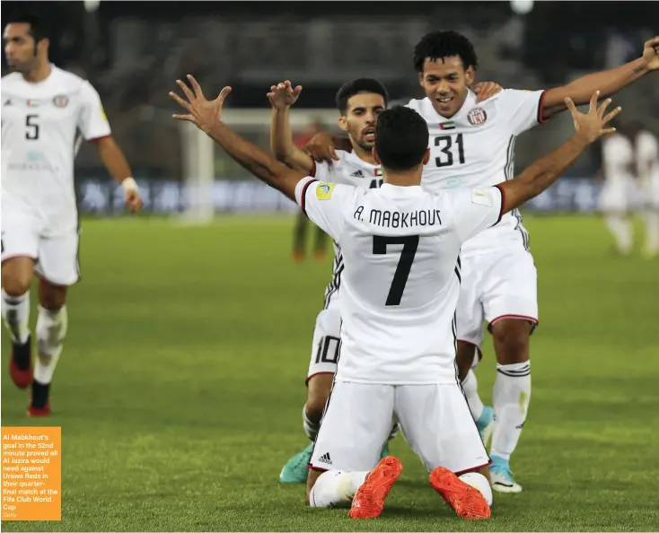  ?? Getty ?? Al Mabkhout’s goal in the 52nd minute proved all Al Jazira would need against Urawa Reds in their quarterfin­al match at the Fifa Club World Cup