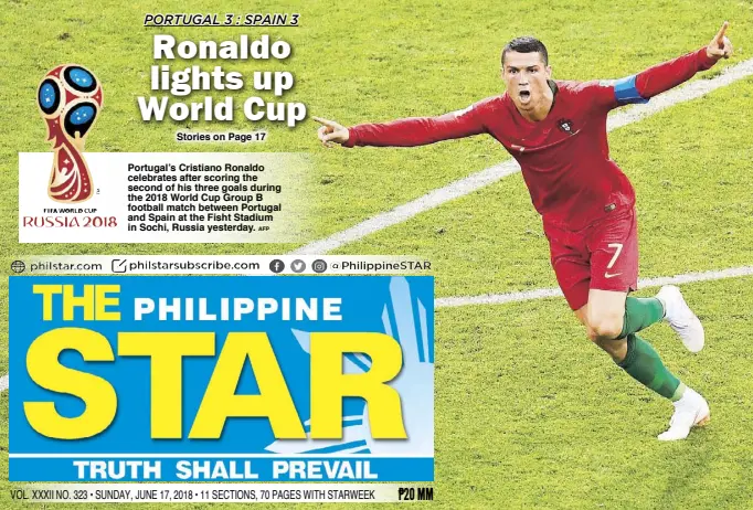  ?? AFP ?? Portugal’s Cristiano Ronaldo celebrates after scoring the second of his three goals during the 2018 World Cup Group B football match between Portugal and Spain at the Fisht Stadium in Sochi, Russia yesterday.