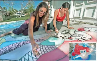  ?? Dan Watson/The Signal ?? (Above) Vanessa Ferrero-Betancourt, left, and her daughter Ava, 11, work on their chalk drawing of “Sally” from “The Nightmare Before Christmas” on their driveway in Saugus recently. (Inset) The mother and daughter have created several drawings of Disney characters, including Ariel from “The Little Mermaid.”