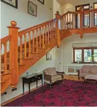  ??  ?? Clockwise from left: The wooden staircase greets guests in the entrance hallway; a freestandi­ng bath; the drawing room features an open fireplace; a four-poster bed in the master bedroom; the mature garden to the rear of the property; the private...